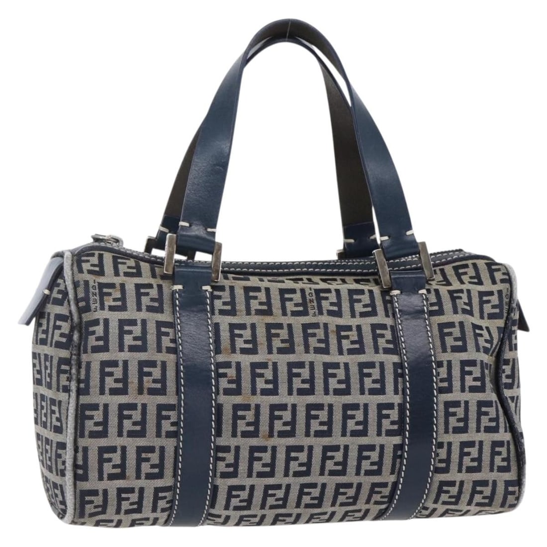 FENDI Zucchino Canvas Hand Bag Navy Silver Authentic 150074 (1 of 18)