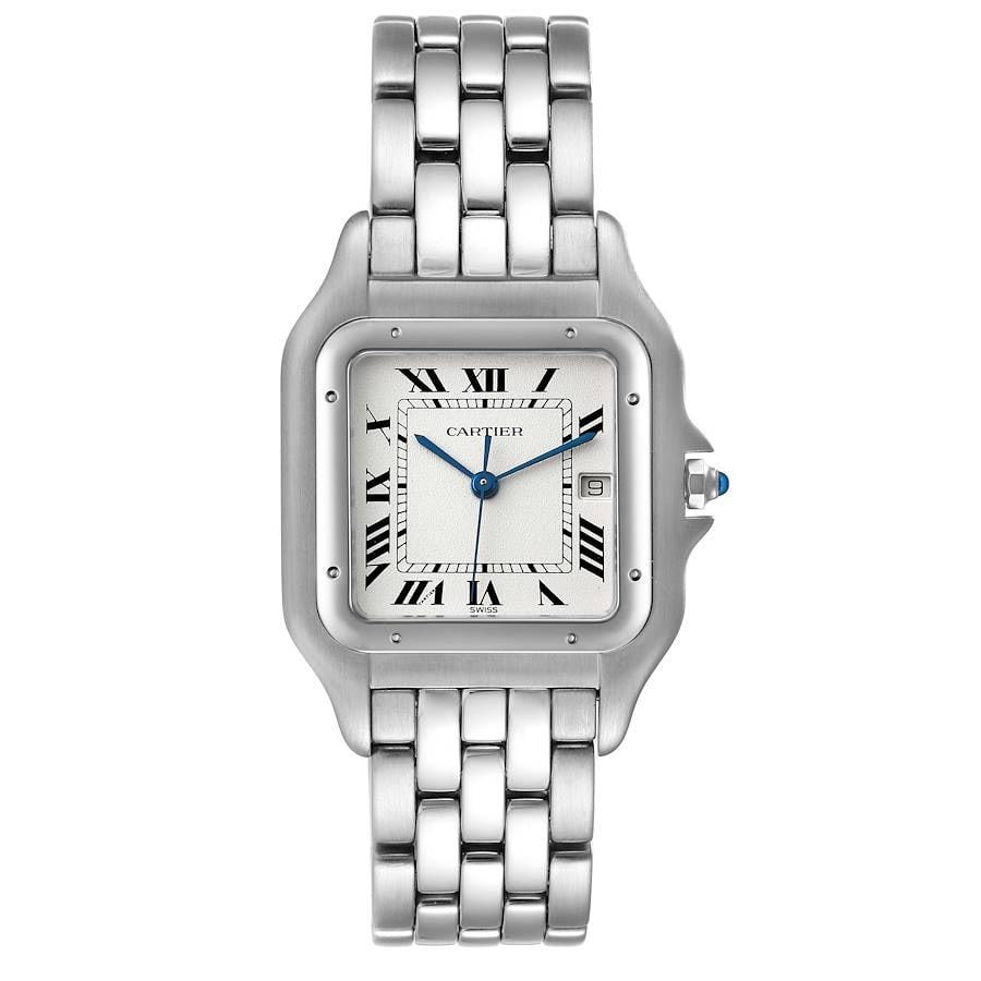 Panthere Jumbo Ref 1300 Ladies Watch with White Roman Dial and Steel Bracelet: Panthere Jumbo Ref 1300 Ladies Watch with White Roman Dial and Steel Bracelet The Cartier Panthere Jumbo features a white Roman numeral dial and a fixed bezel, presented on a stainless steel bracelet.