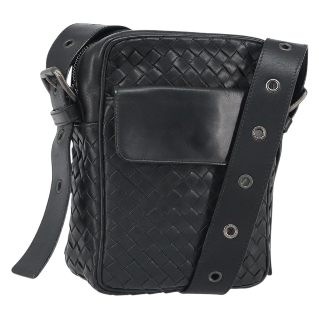 Bottega Veneta Black Intrecciato Leather Shoulder Bag with Silver Accents: Bottega Veneta Black Intrecciato Leather Shoulder Bag with Silver Accents This Bottega Veneta Intrecciato shoulder bag is crafted from black leather with silver accents. Made in Italy, it features the