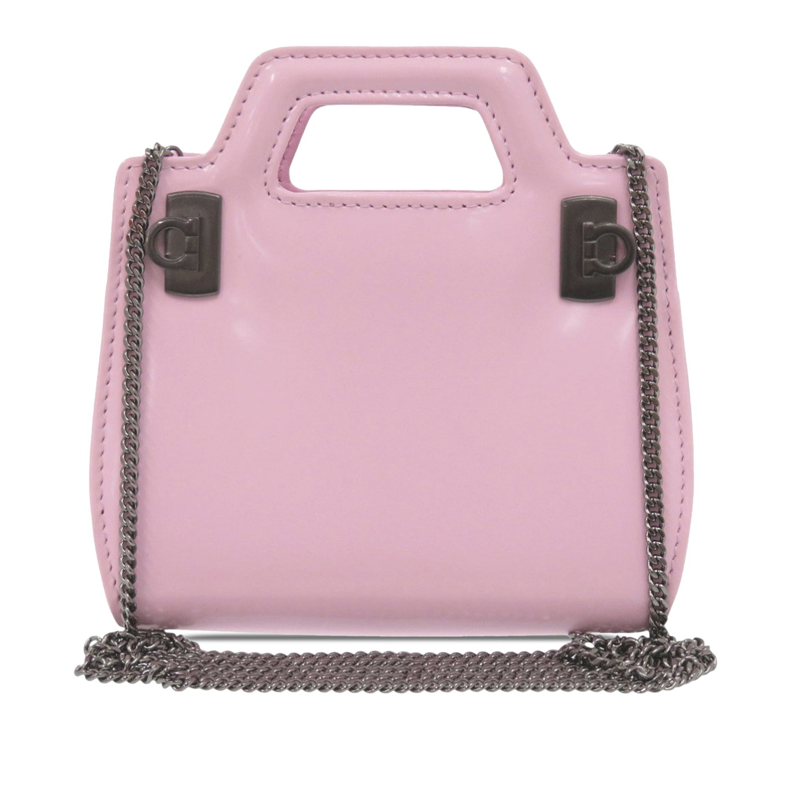 Mini Wanda Top Handle Satchel in Pink Leather by Ferragamo: Mini Wanda Top Handle Satchel in Pink Leather by Ferragamo This Ferragamo Mini Brushed Calfskin Wanda Top Handle Bag features a pink leather body with cut-out handles and a chain link strap. The open 