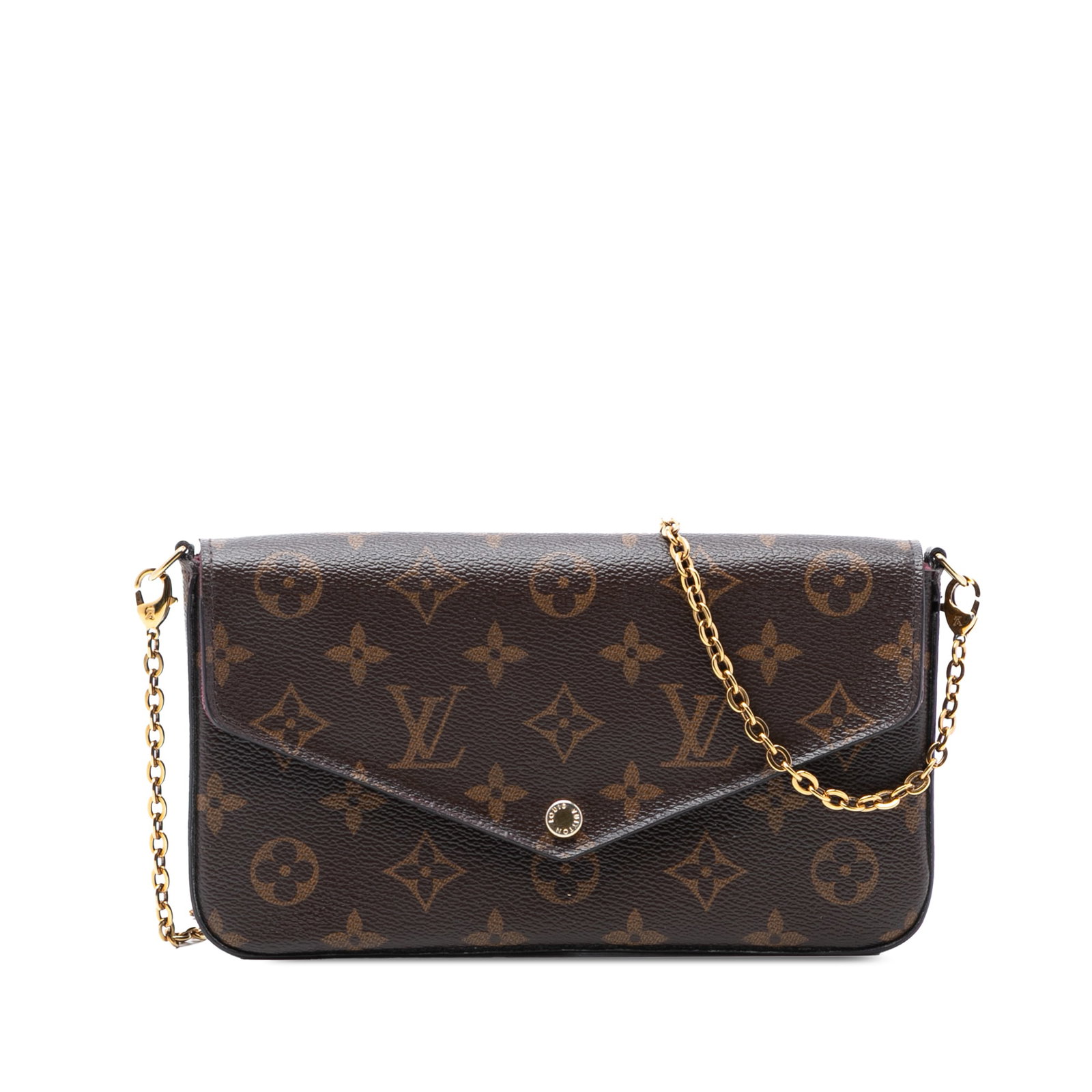 Louis Vuitton Felicie Monogram Canvas Crossbody Bag with Chain Strap: Louis Vuitton Felicie Monogram Canvas Crossbody Bag with Chain Strap The Louis Vuitton Monogram Pochette Felicie is a crossbody bag crafted with a monogram canvas exterior and features a detachable go
