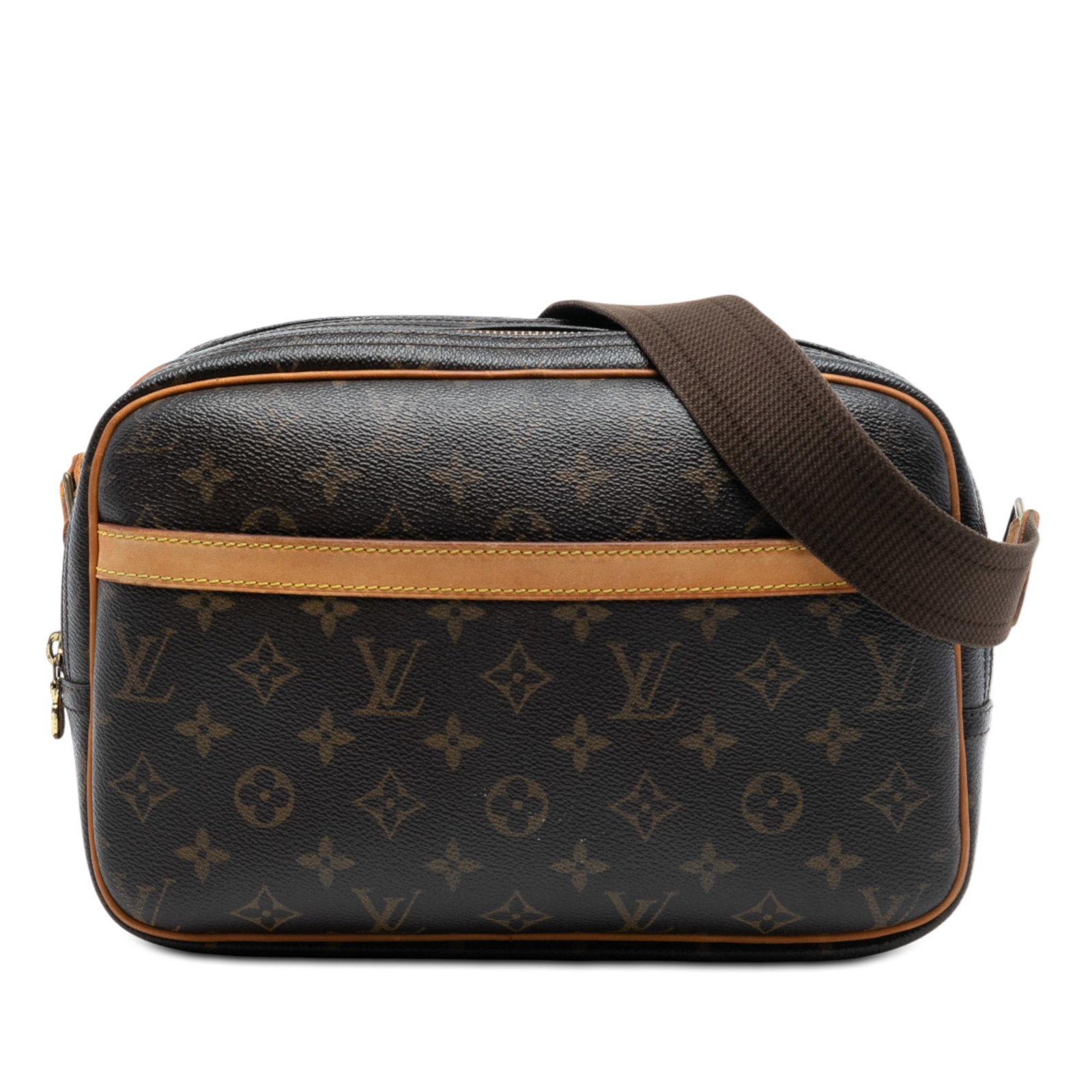 Monogram Reporter PM Brown Canvas Shoulder Bag with Leather Trim by Louis Vuitton: Monogram Reporter PM Brown Canvas Shoulder Bag with Leather Trim by Louis Vuitton This Louis Vuitton Monogram Reporter PM features a monogram canvas body with vachetta leather trim, an adjustable flat