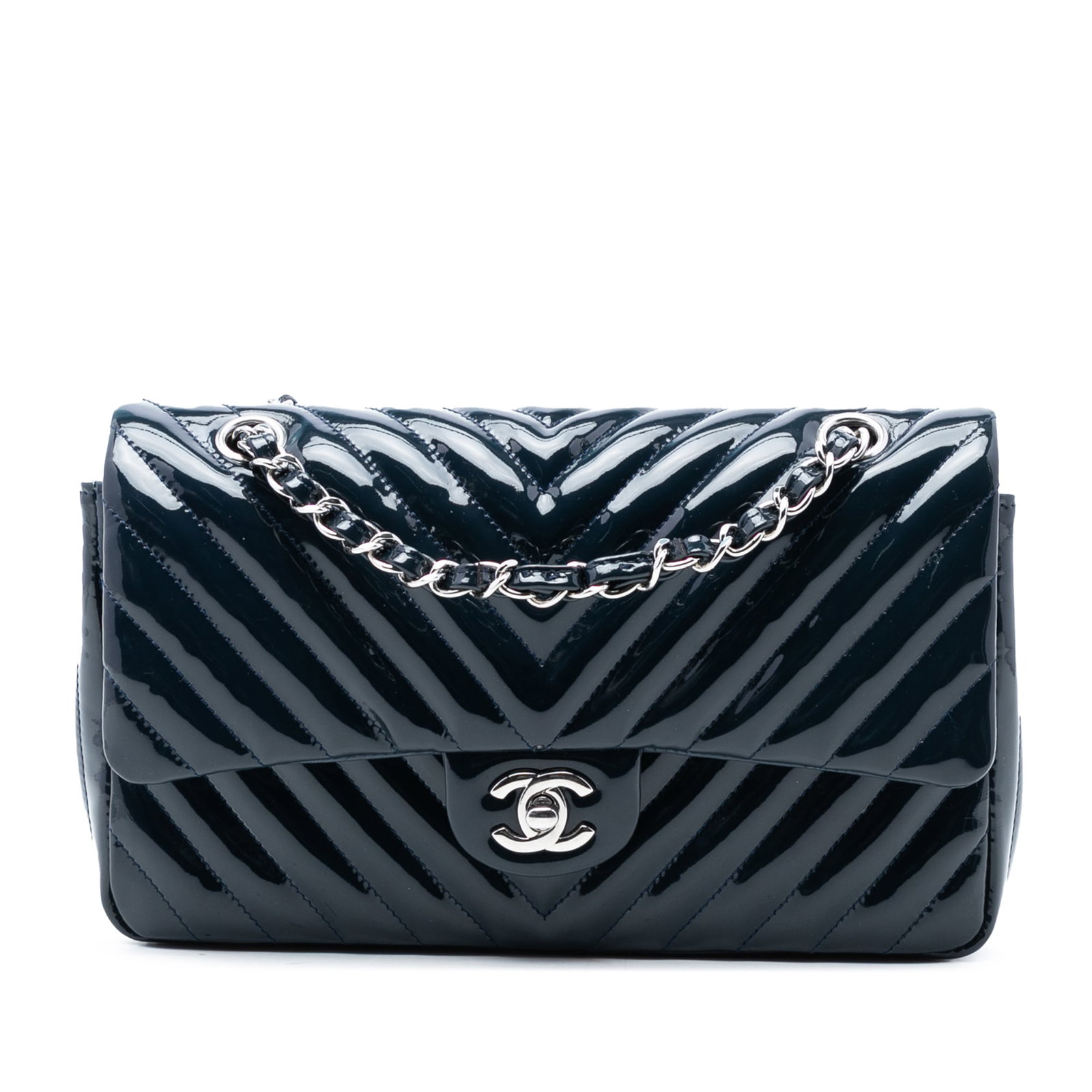 Chanel Blue Chevron Patent Leather Medium Double Flap Shoulder Bag: Chanel Blue Chevron Patent Leather Medium Double Flap Shoulder Bag This Chanel Medium Classic Chevron Patent Double Flap shoulder bag showcases a quilted patent leather body in blue with leather-woven
