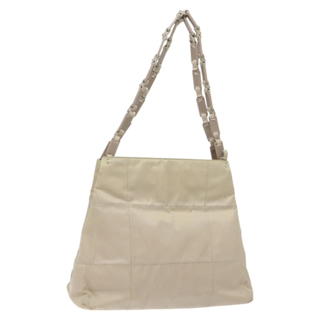 White Nylon Tote with Chain Handles by Prada Italy: White Nylon Tote with Chain Handles by Prada Italy This PRADA chain tote bag features a white nylon exterior with silver-tone accents. Designed for women, it offers a spacious interior suitable for ev