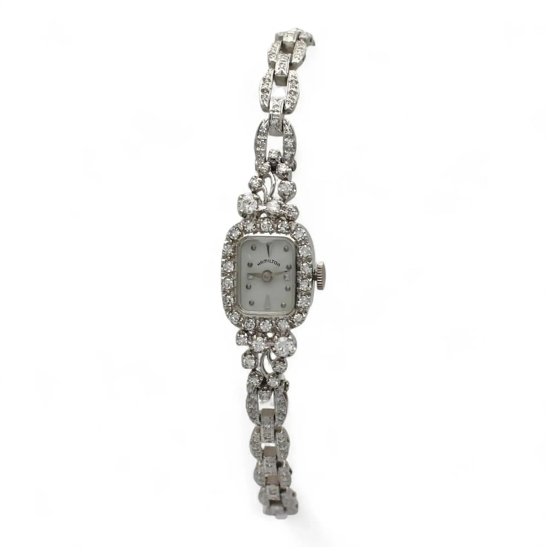 Platinum Bracelet Hamilton Ladies Wristwatch with 14K White Gold Diamond Case: Platinum Bracelet Hamilton Ladies Wristwatch with 14K White Gold Diamond Case This Hamilton ladies wristwatch features a 15 mm polished oval case crafted from 14K white gold and a platinum bracelet. T