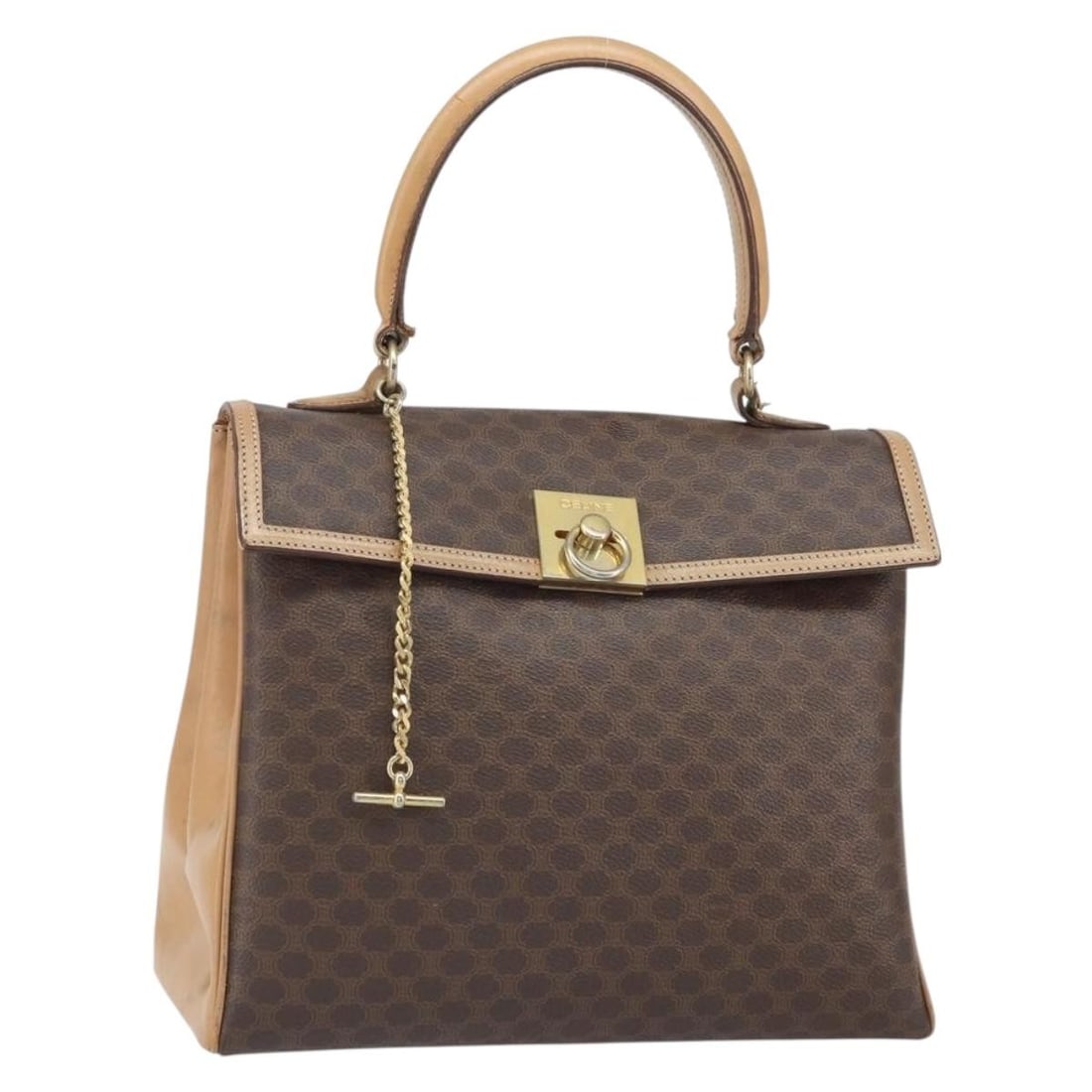 Celine Macadam Brown PVC Leather Handbag with Gold Accents: Celine Macadam Brown PVC Leather Handbag with Gold Accents This CELINE Macadam canvas hand bag features a brown and gold color combination with PVC leather and the iconic Macadam canvas exterior. The 