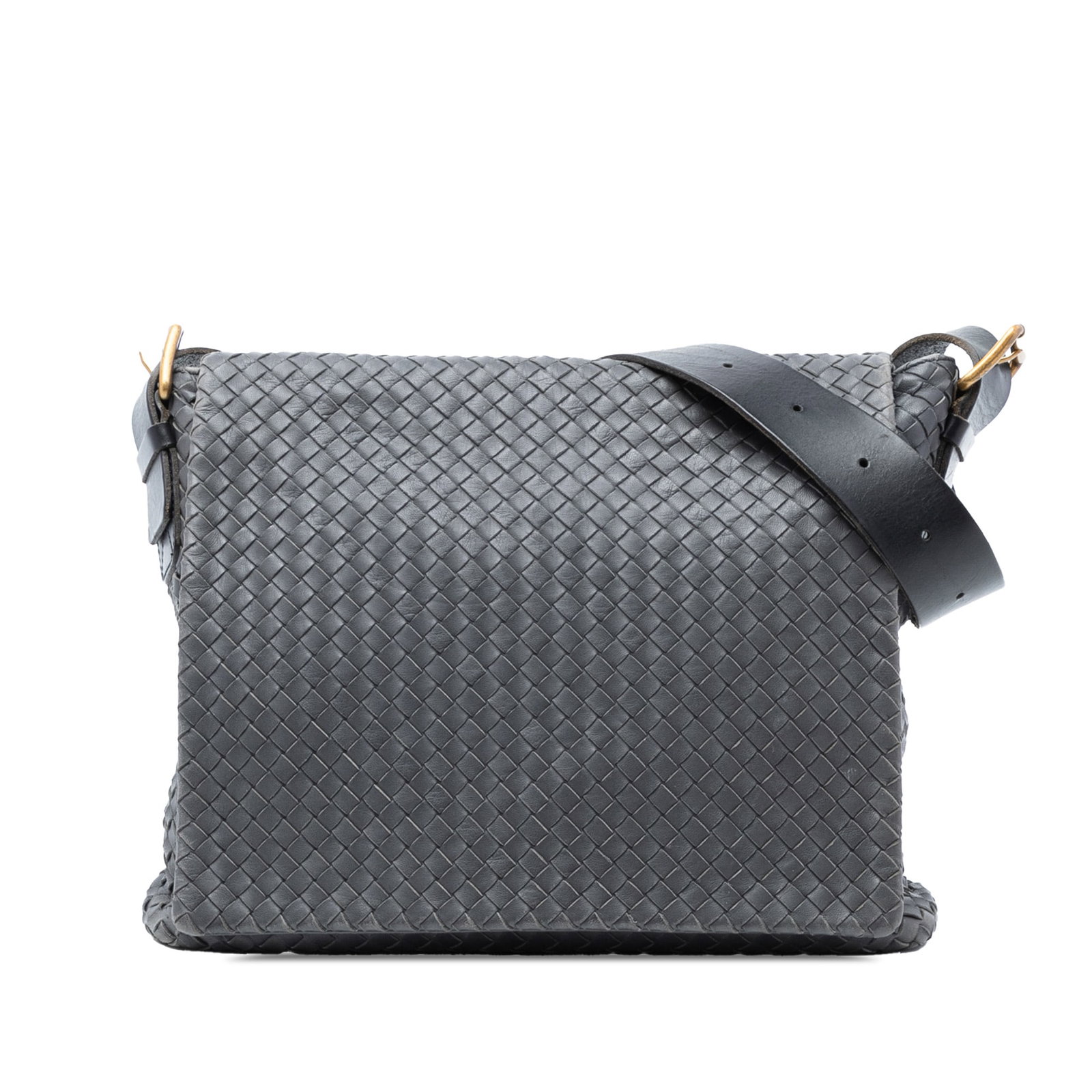 Bottega Veneta Gray Nappa Leather Crossbody Bag with Woven Flap Design: Bottega Veneta Gray Nappa Leather Crossbody Bag with Woven Flap Design This Bottega Veneta Nappa Intrecciato Flap Crossbody features a woven nappa leather body in gray, an adjustable flat leather stra