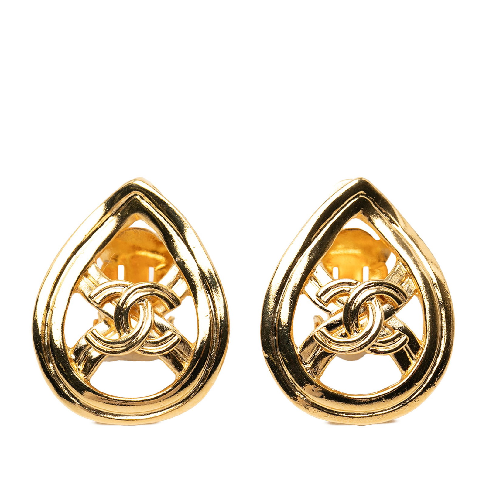 Chanel CC Logo Gold Tone Teardrop Clip Earrings: Chanel CC Logo Gold Tone Teardrop Clip Earrings These Chanel clip-on earrings feature a teardrop design with gold-tone metal and the signature CC logo. Made in France, these earrings are classified as