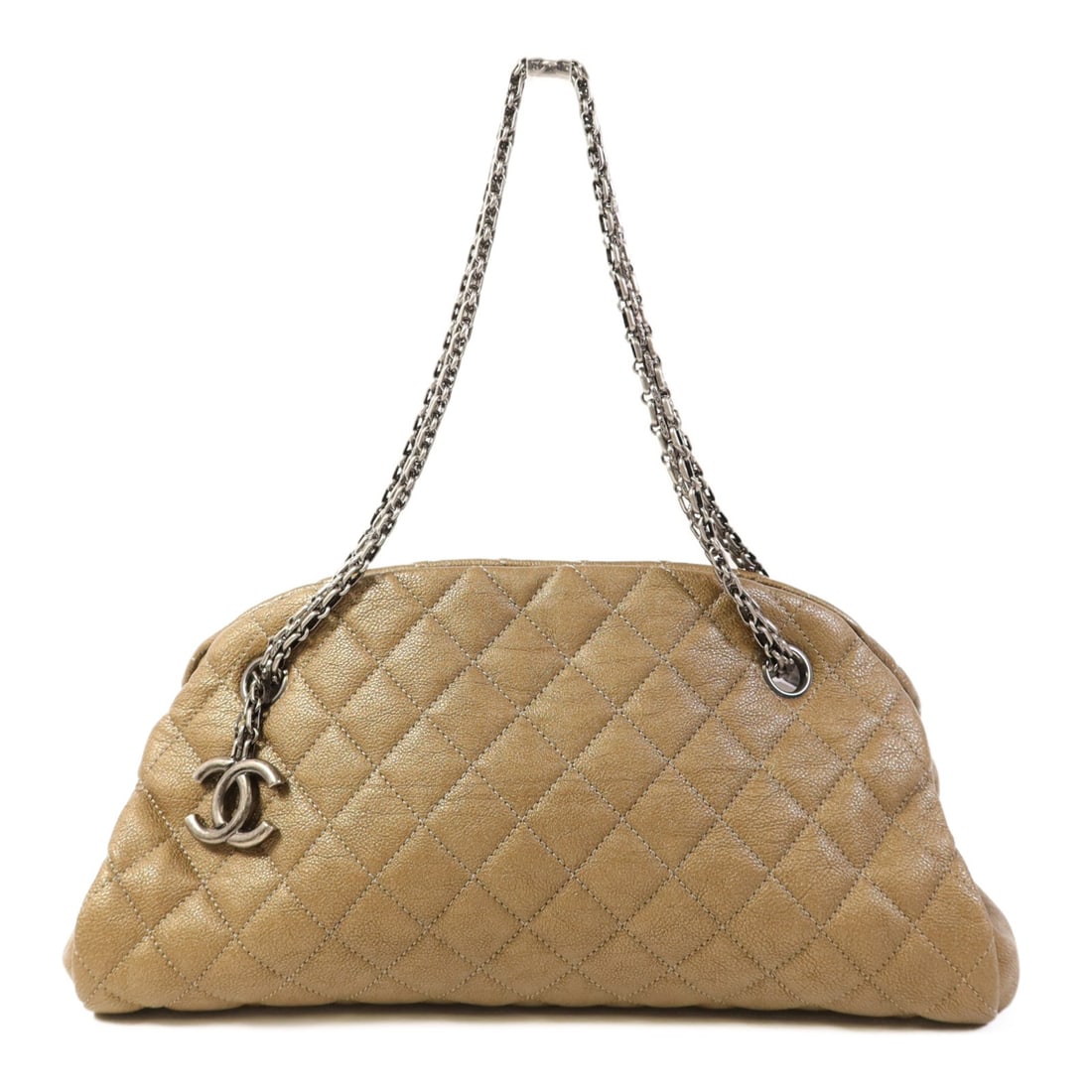 Chanel Mademoiselle CC Gold Calfskin Chain Bowling Shoulder Bag 13.0" France: Chanel Mademoiselle CC Gold Calfskin Chain Bowling Shoulder Bag 13.0" France Introducing the CHANEL CC Mademoiselle Bowling Bag, a luxurious shoulder bag crafted from premium calfskin leather in a str