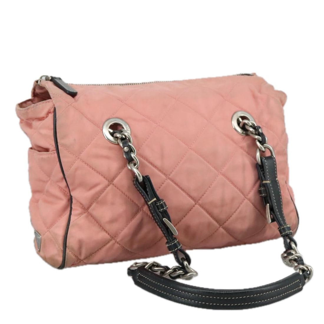 Prada Pink Nylon Shoulder Bag Italy 9.8 x 8.3 x 3.9 inch: Prada Pink Nylon Shoulder Bag Italy 9.8 x 8.3 x 3.9 inch This PRADA shoulder bag is crafted from pink nylon and designed for women. It features an approximate size of 25cm (W) x 21cm (H) x 10cm (D), o