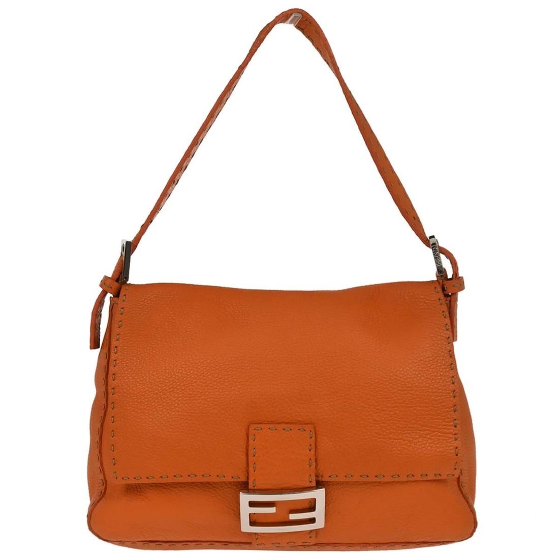 Fendi Selleria Mamma Baguette Orange Leather Shoulder Bag with Gold Hardware: Fendi Selleria Mamma Baguette Orange Leather Shoulder Bag with Gold Hardware This Fendi Selleria Mamma Baguette handbag features a vibrant orange leather exterior with gold-tone hardware and signature