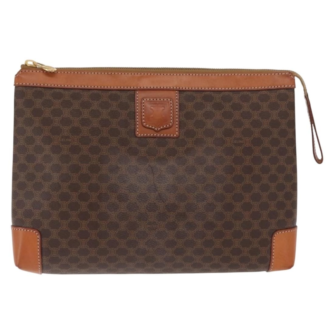 Celine Macadam Pochette beige canvas and leather clutch bag: Celine Macadam Pochette beige canvas and leather clutch bag This Celine Macadam Pochette is crafted from beige canvas with leather accents. Designed for women, it features a spacious interior and a cl