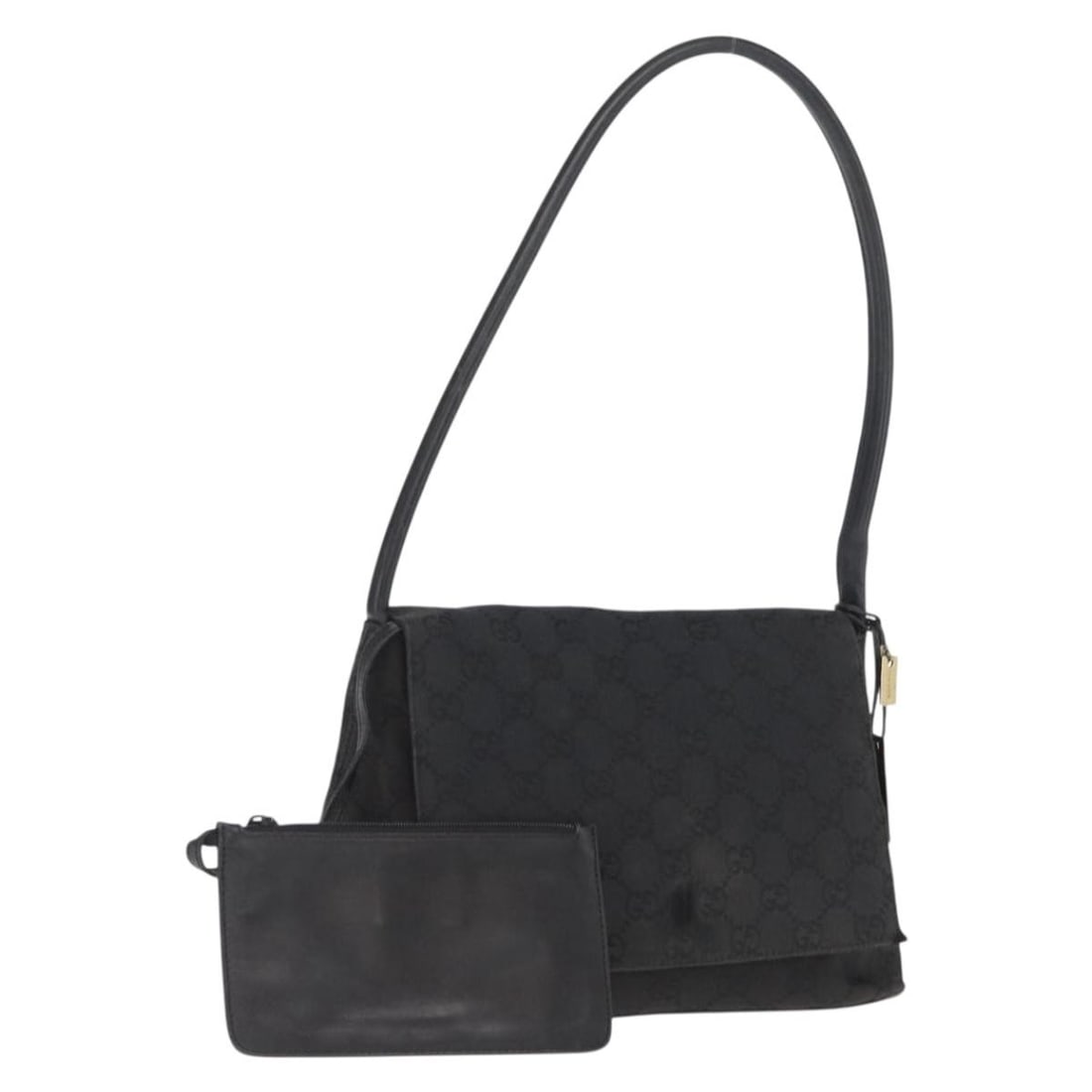 Black GG Canvas Gucci 90646 Shoulder Bag with Silver Accents and Pouch: Black GG Canvas Gucci 90646 Shoulder Bag with Silver Accents and Pouch This is a GUCCI GG Canvas Shoulder Bag in black and silver, featuring the GG canvas exterior. The bag includes a matching pouch a