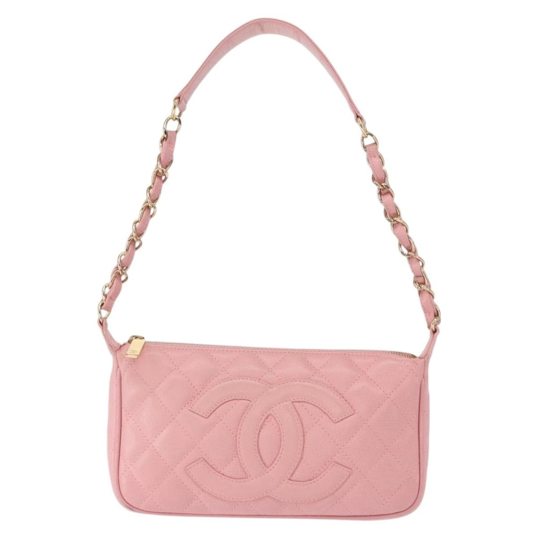 Chanel Quilted Caviar Leather Shoulder Bag Timeless CC Chain Pink: Chanel Quilted Caviar Leather Shoulder Bag Timeless CC Chain Pink This pre-owned Chanel Timeless CC Chain Shoulder Bag features quilted caviar leather in a pink hue. Designed for women, the bag showca