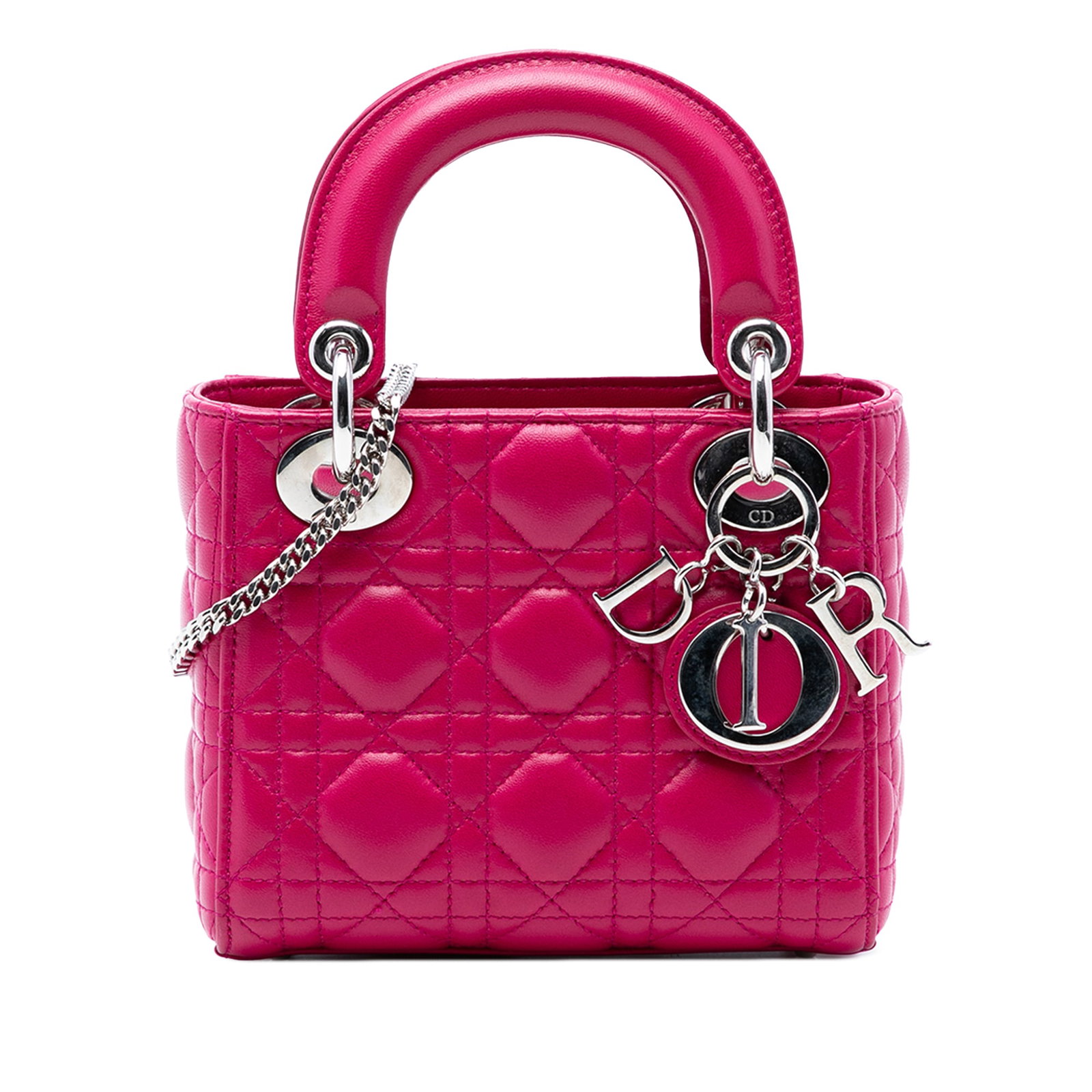 Dior Lady Dior Mini Purple Quilted Lambskin Shoulder Bag with Chain Strap: Dior Lady Dior Mini Purple Quilted Lambskin Shoulder Bag with Chain Strap This Mini Lady Dior bag features a quilted lambskin leather body in purple, complemented by flat leather top handles and a det