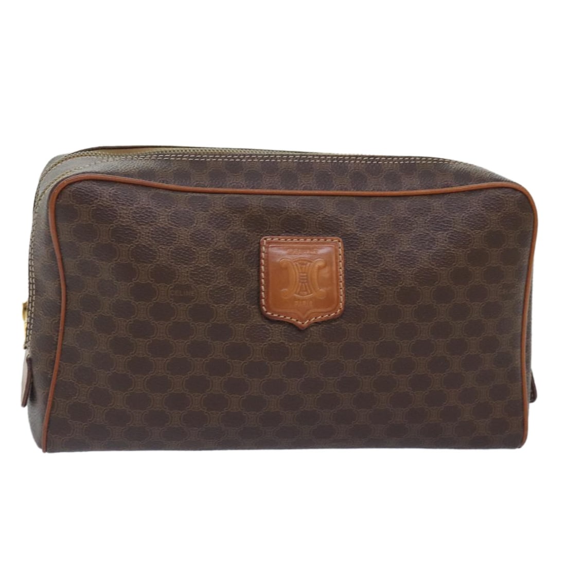 Celine Macadam Brown PVC Leather Clutch with Gold Details: Celine Macadam Brown PVC Leather Clutch with Gold Details This CELINE Macadam clutch bag is crafted from brown and gold PVC leather with signature Macadam canvas accents. Designed for women, it featur