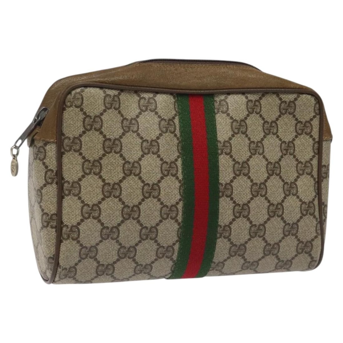 Beige Green GG Supreme Web Sherry Clutch by Gucci PVC Leather: Beige Green GG Supreme Web Sherry Clutch by Gucci PVC Leather This is a GUCCI GG Supreme Web Sherry Line clutch bag featuring a beige and green color scheme. Crafted from PVC leather with GG canvas, t