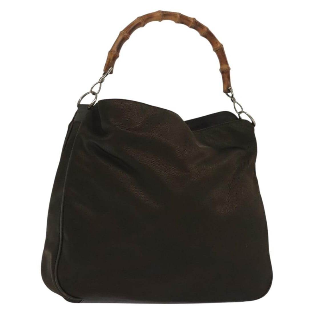 Gucci Bamboo Green Silver Nylon Shoulder Bag Italy 001 1998 1577: Gucci Bamboo Green Silver Nylon Shoulder Bag Italy 001 1998 1577 This GUCCI Bamboo shoulder bag features a green and silver nylon exterior with silver-tone hardware. Designed for women, the bag offers