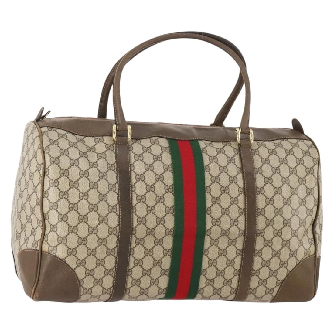 Gucci Boston Bag GG Canvas Beige Red Gold Web Stripe Italy: Gucci Boston Bag GG Canvas Beige Red Gold Web Stripe Italy This is a Gucci GG Supreme Web Sherry Line Boston Bag crafted from GG canvas in beige, gold, and red tones. Designed for women, the bag featu