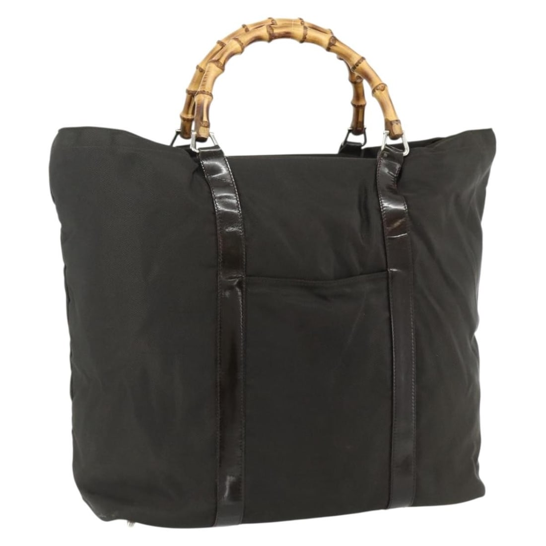 Gucci Bamboo nylon khaki silver tote bag Italy 14.6 inch: Gucci Bamboo nylon khaki silver tote bag Italy 14.6 inch This GUCCI Bamboo Tote Bag is crafted from durable nylon in a khaki and silver color combination. Designed for women, it features a spacious in
