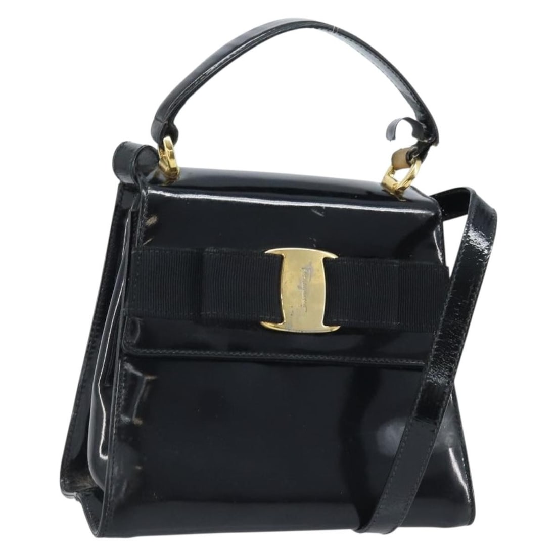 Salvatore Ferragamo Vala Black Gold Patent Leather 2way Bag: Salvatore Ferragamo Vala Black Gold Patent Leather 2way Bag This Salvatore Ferragamo Vala handbag is crafted from black patent leather with gold-tone accents. Designed for versatile use, it can be car