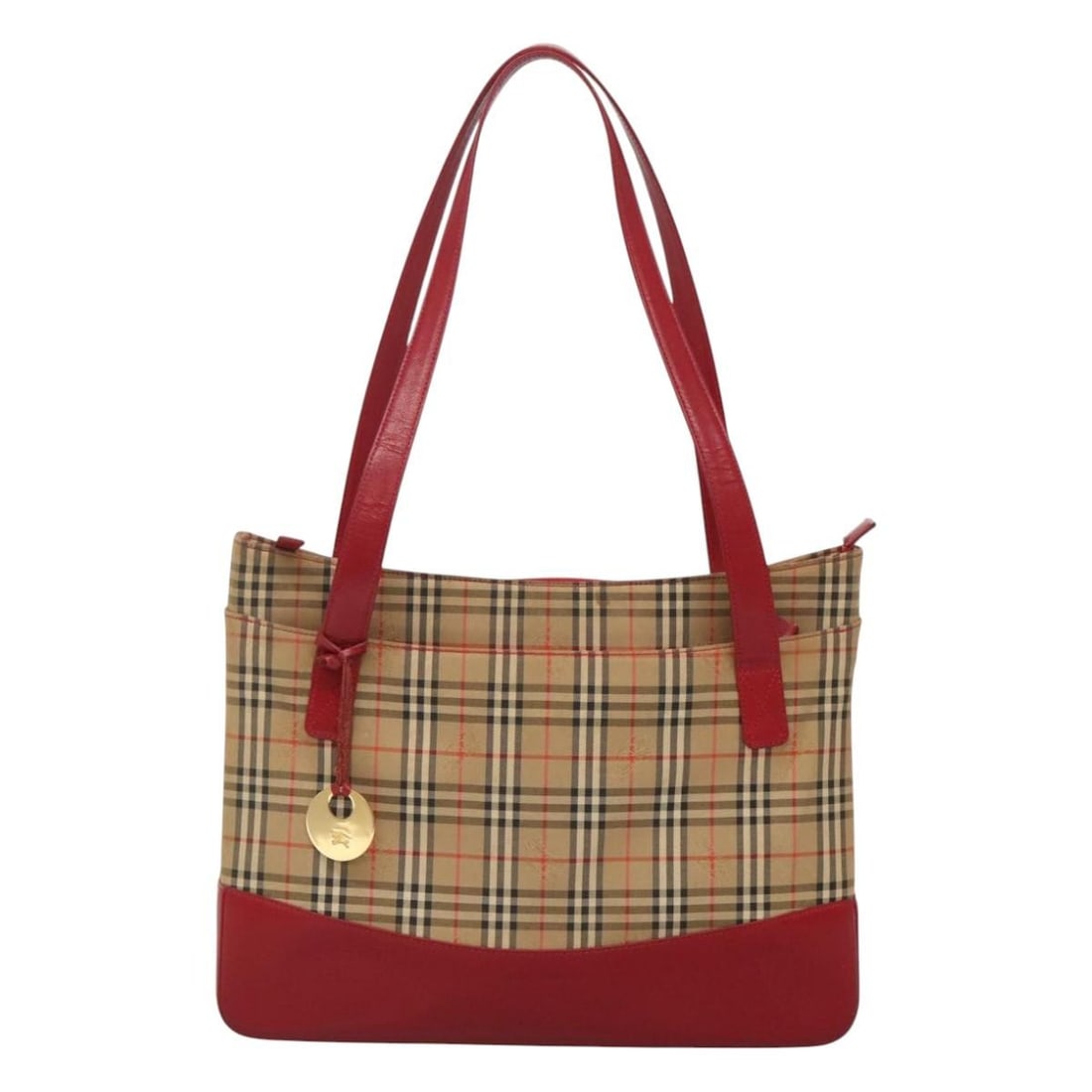 Beige Burberry Nova Check Canvas Tote Bag with Leather Trim: Beige Burberry Nova Check Canvas Tote Bag with Leather Trim This Burberry Nova Check Tote features the iconic beige canvas with leather accents, designed for women. The bag offers a spacious interior 