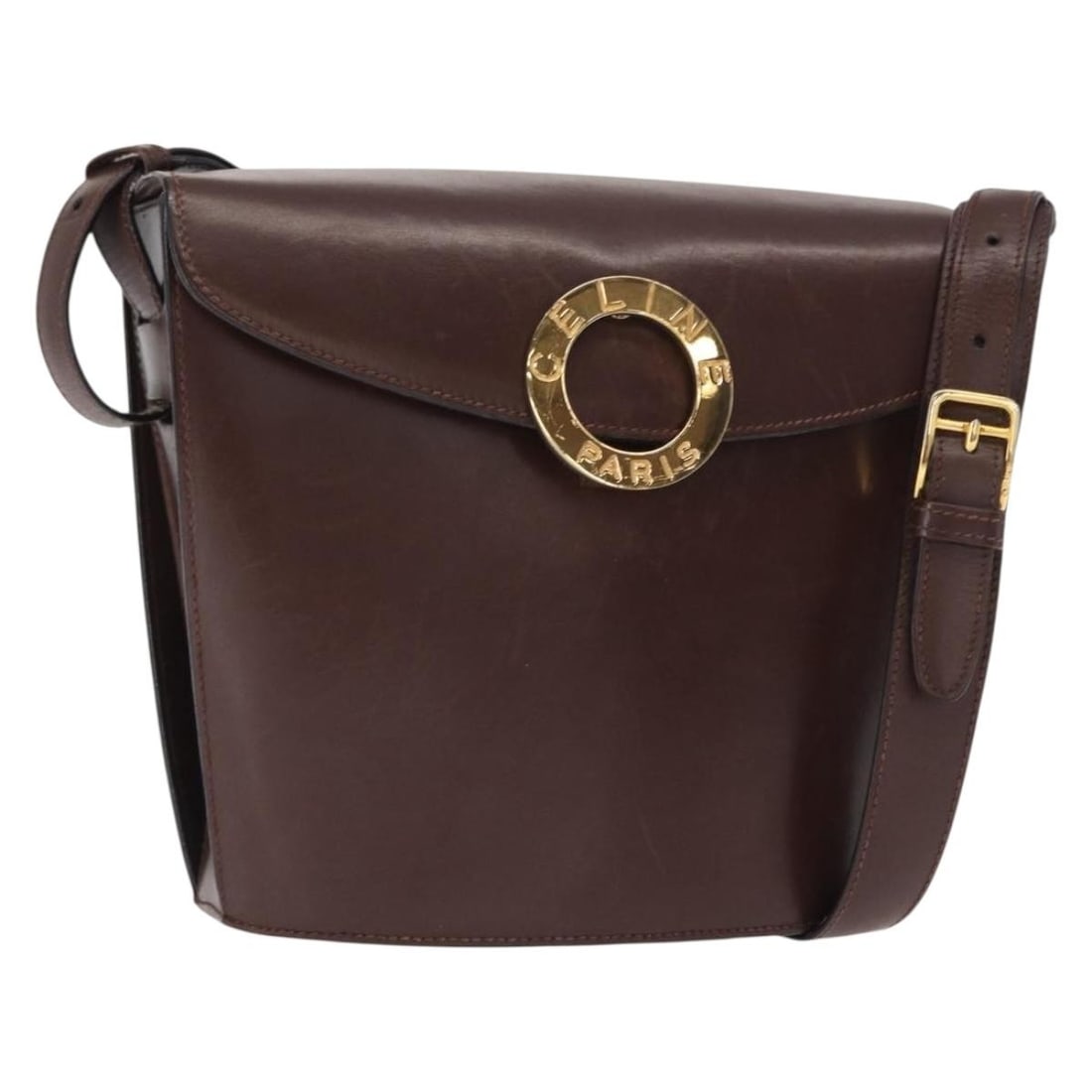 Celine Brown Leather Circle Shoulder Bag Gold Tone Hardware Italy: Celine Brown Leather Circle Shoulder Bag Gold Tone Hardware Italy This CELINE Circle shoulder bag is crafted from brown leather with gold-tone accents. Made in Italy, the bag features a compact circul