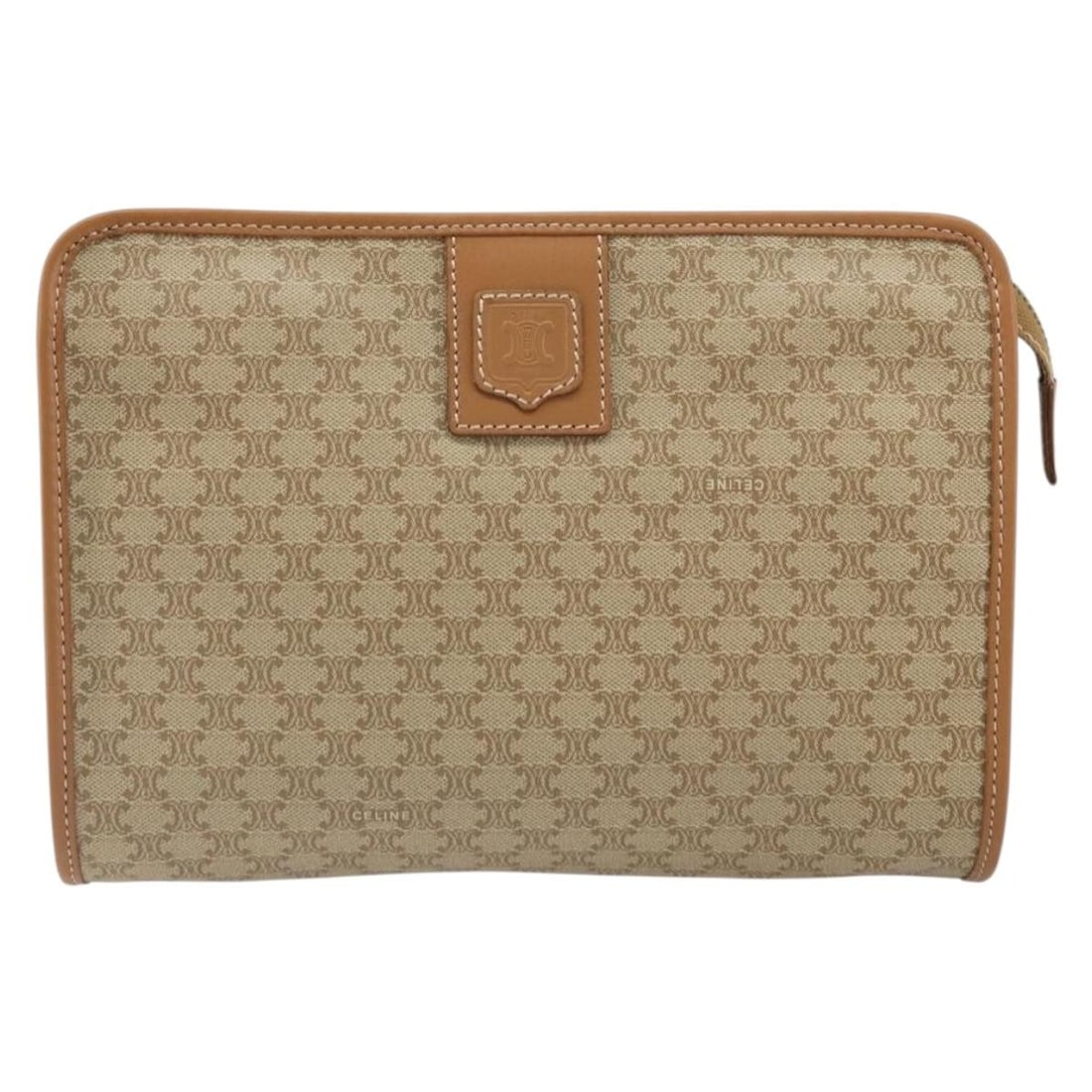 Celine Macadam Canvas Pochette in Beige 23cm by 17cm by 4cm: Celine Macadam Canvas Pochette in Beige 23cm by 17cm by 4cm This Celine Macadam Pochette is a beige canvas handbag designed for women, featuring a compact and classic silhouette. It shows slight signs