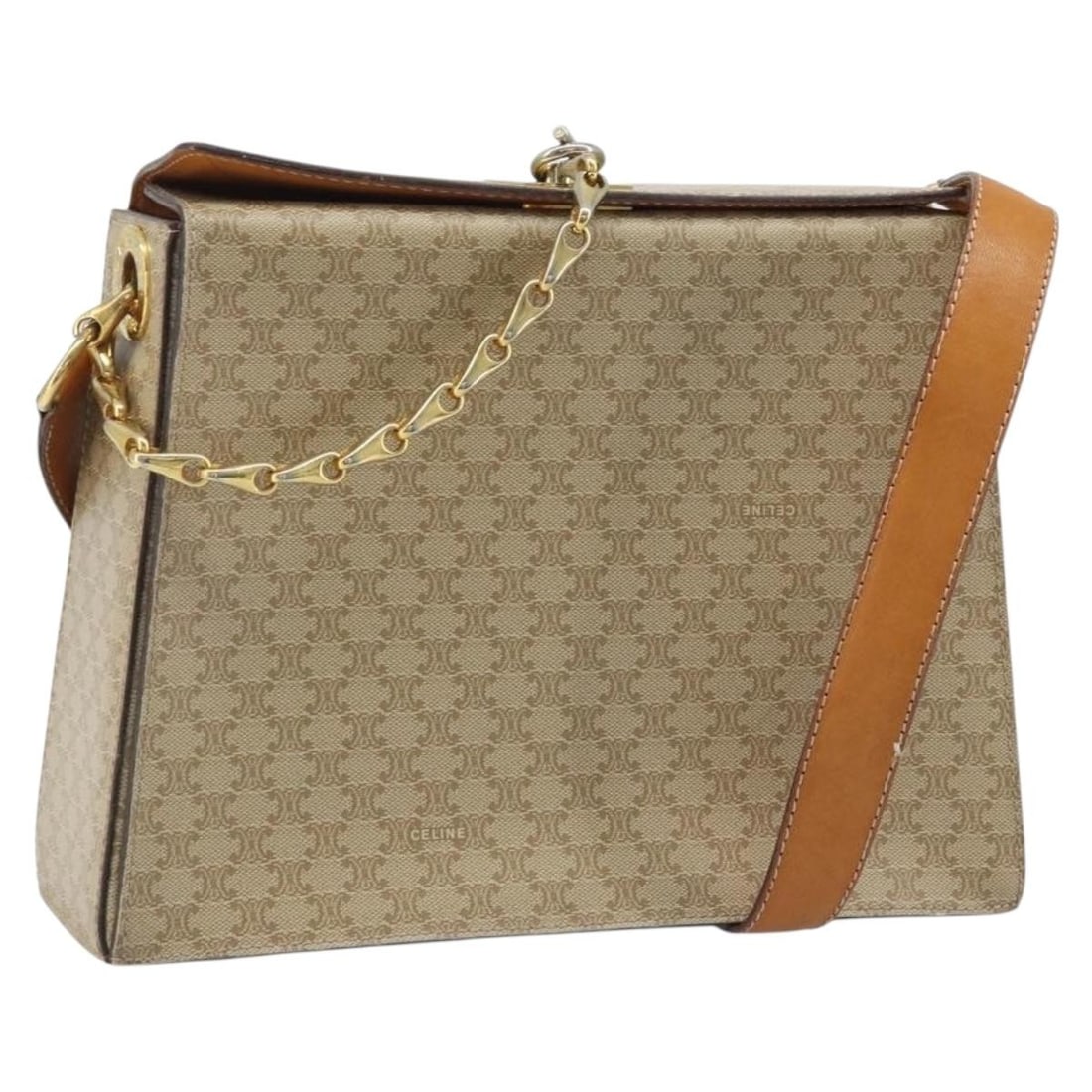 Celine Macadam Beige PVC and Leather Shoulder Bag Gold Tone Hardware: Celine Macadam Beige PVC and Leather Shoulder Bag Gold Tone Hardware This CELINE Macadam shoulder bag features a beige and gold PVC leather exterior with the signature Macadam canvas pattern. Designed
