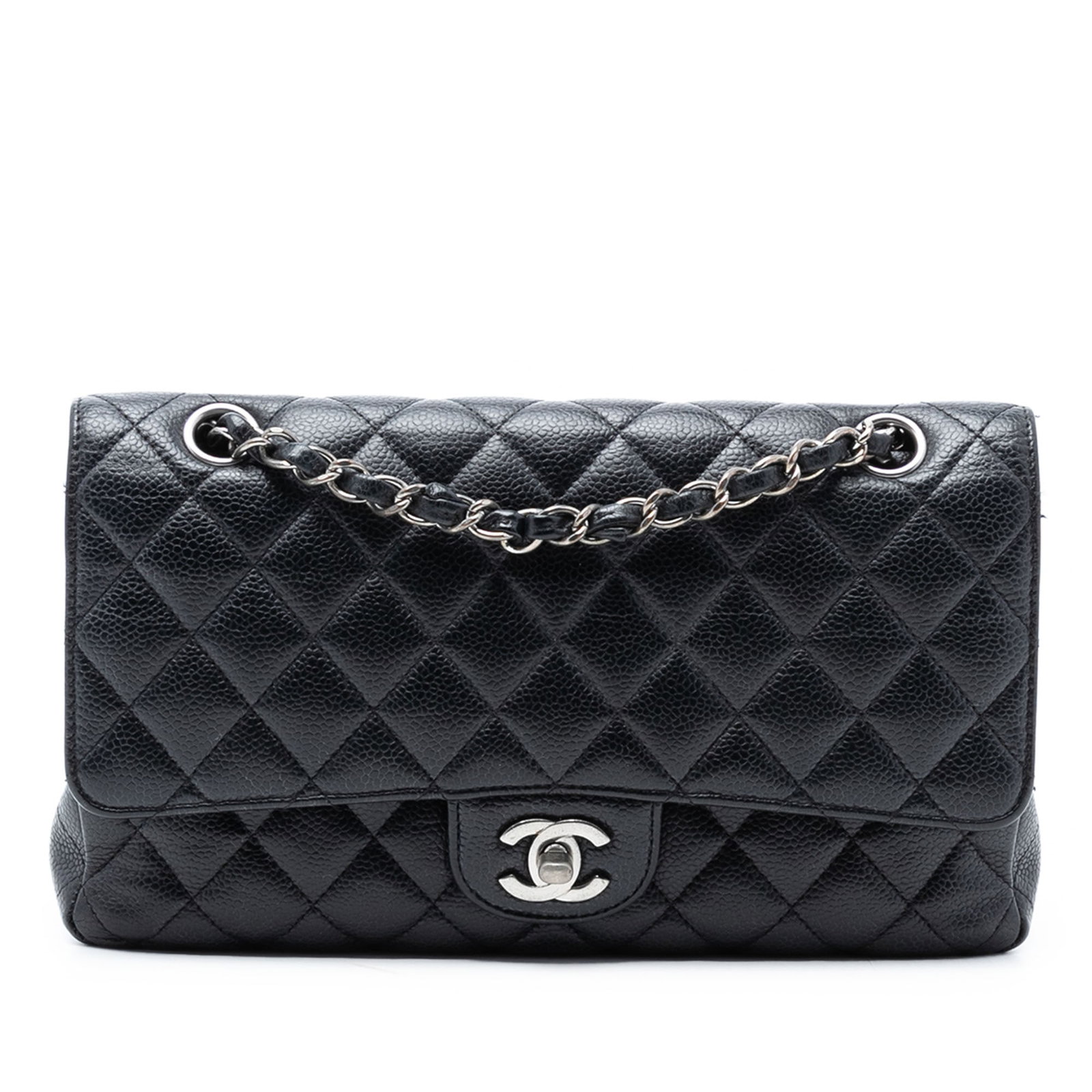 Black Chanel Medium Classic Double Flap Caviar Leather Shoulder Bag: Black Chanel Medium Classic Double Flap Caviar Leather Shoulder Bag This Chanel Medium Classic Double Flap shoulder bag is crafted from black quilted caviar leather and features leather-woven chain st
