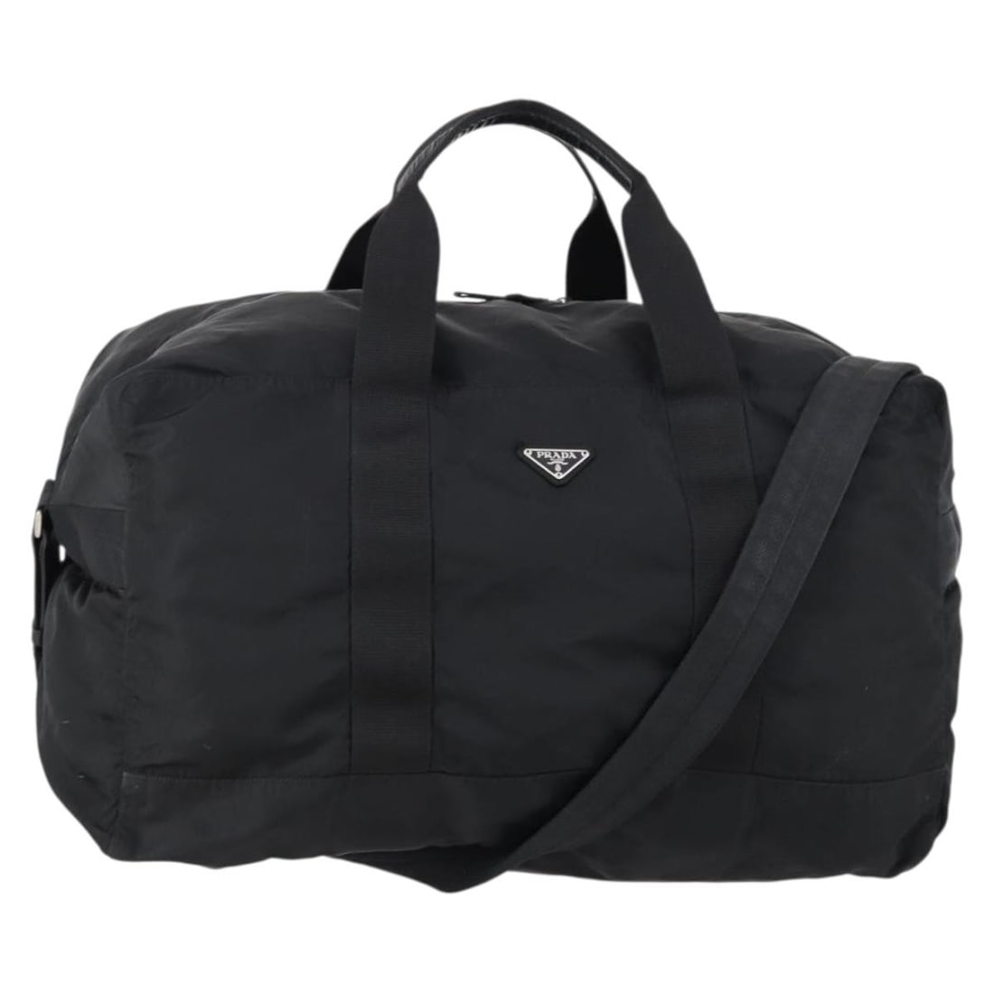 Prada Nylon Boston Bag Black Silver Shoulder Strap 2way: Prada Nylon Boston Bag Black Silver Shoulder Strap 2way This PRADA Boston Bag is crafted from durable black nylon with silver-tone accents and offers both hand-carry and shoulder-carry options with it