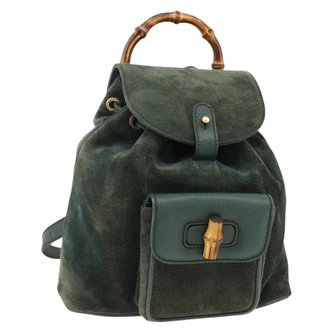 Green Suede Leather Bamboo Backpack by Gucci for Women: Green Suede Leather Bamboo Backpack by Gucci for Women This Gucci Bamboo Backpack is crafted from green suede leather and features gold-tone accents. Designed for women, it offers a classic backpack s