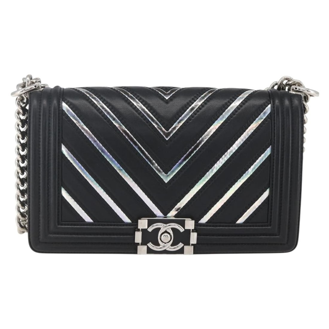 Chanel Boy Chevron Lambskin Black Shoulder Bag with Holographic PVC: Chanel Boy Chevron Lambskin Black Shoulder Bag with Holographic PVC This Chanel Boy Flap Bag features a chevron pattern crafted from lambskin leather with holographic PVC detailing. The bag showcases 