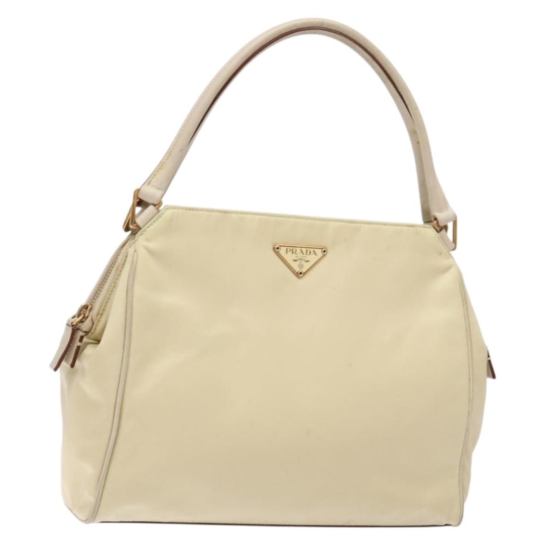 Prada beige gold nylon women's handbag with guarantee card: Prada beige gold nylon women's handbag with guarantee card This PRADA hand bag features a beige and gold nylon exterior, offering a stylish and practical accessory for everyday use. Designed for women