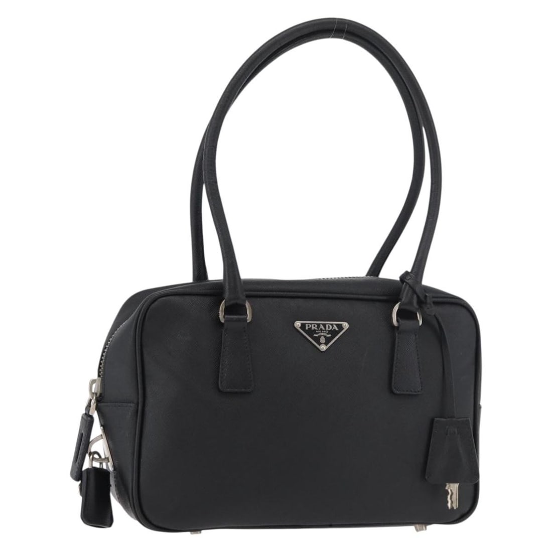Prada Saffiano Leather Black Silver Handbag with Padlock and Keys: Prada Saffiano Leather Black Silver Handbag with Padlock and Keys This PRADA handbag is crafted from black Saffiano leather with silver-tone accents. Designed for women, it features a structured silho