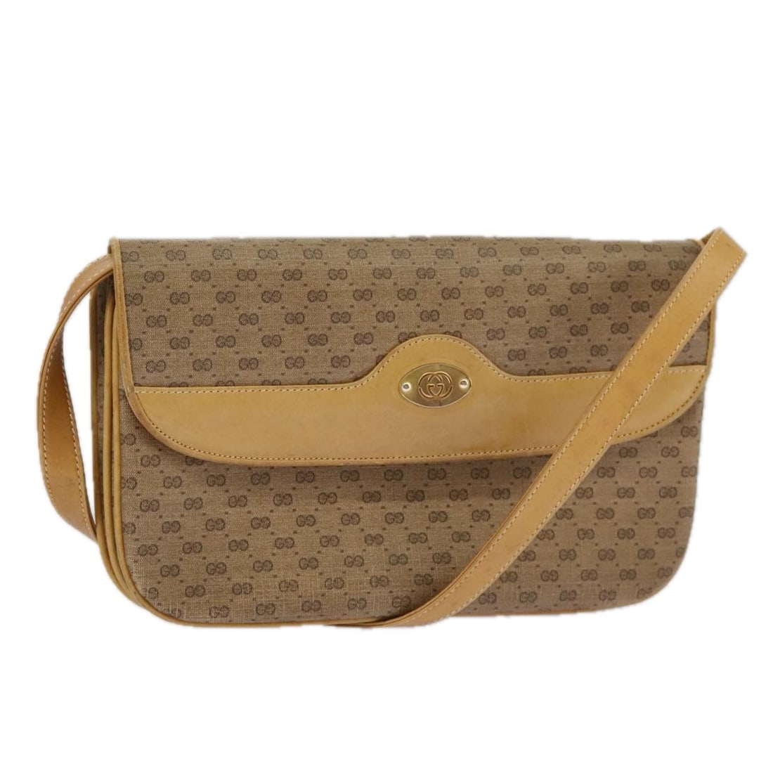 Beige Micro GG Supreme PVC Leather Shoulder Bag by Gucci 004 106 0024: Beige Micro GG Supreme PVC Leather Shoulder Bag by Gucci 004 106 0024 This is a GUCCI Micro GG Supreme shoulder bag crafted from beige and gold PVC leather with a micro GG canvas design. Designed for 