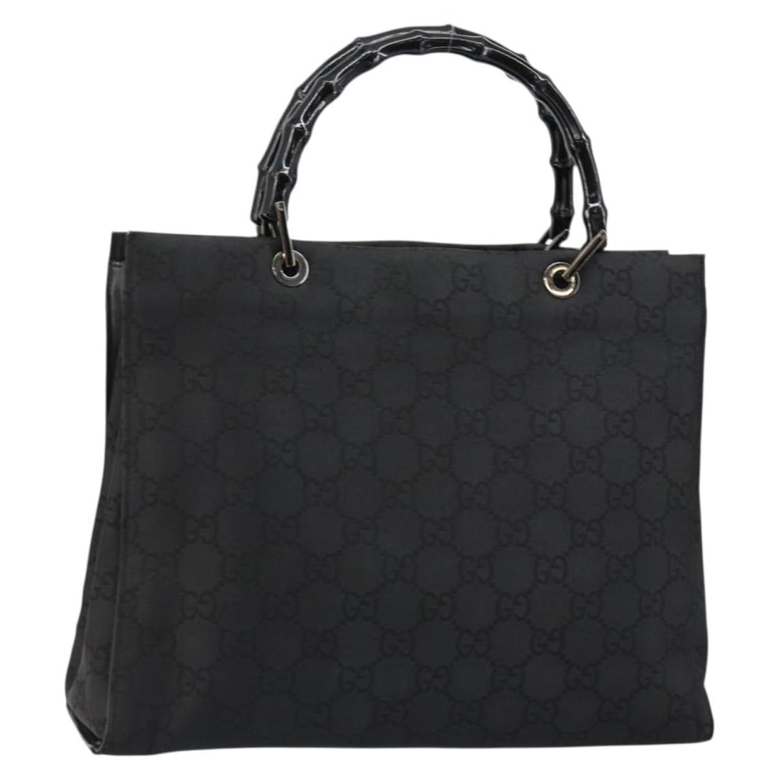 Black GG Canvas Bamboo Handle Handbag by Gucci Model 002 1010 3754: Black GG Canvas Bamboo Handle Handbag by Gucci Model 002 1010 3754 This is a GUCCI Bamboo GG Canvas hand bag in black and silver, designed for women. The bag features a GG canvas exterior, bamboo-styl