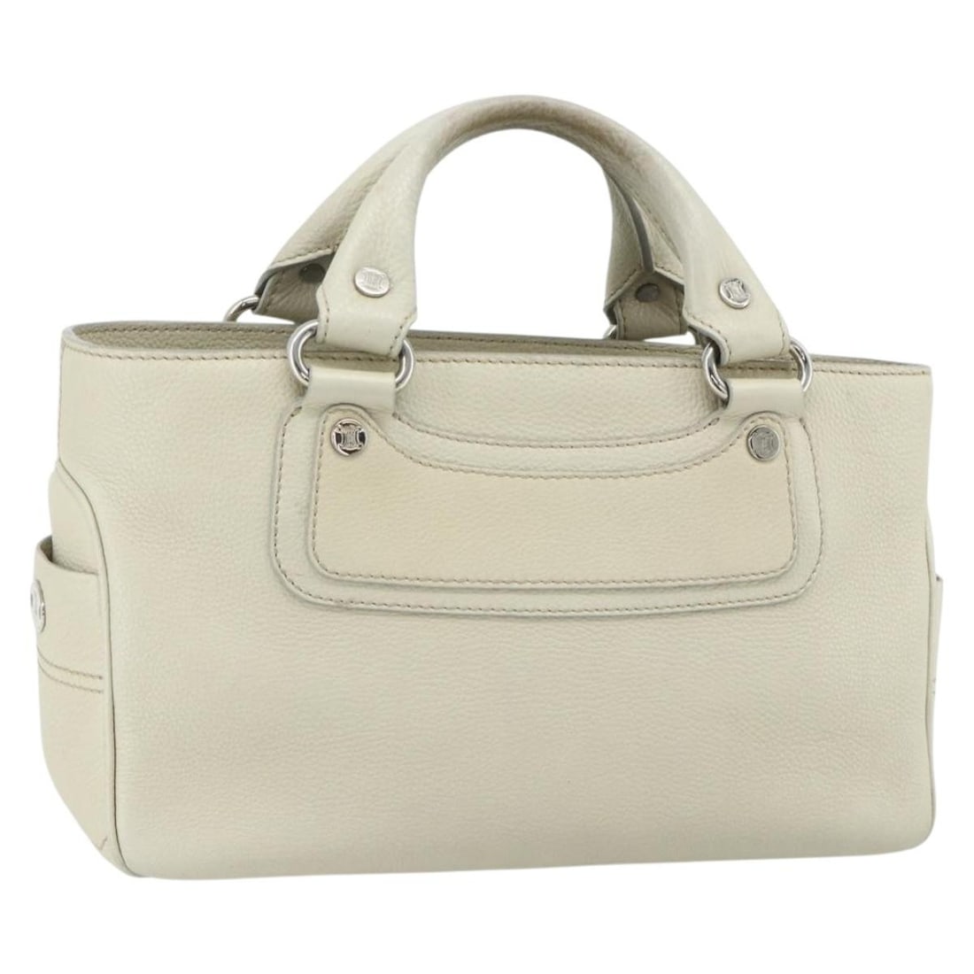 CELINE Ivory Silver Leather Boogie Handbag Italy: CELINE Ivory Silver Leather Boogie Handbag Italy This CELINE Boogie Bag is crafted from leather in an ivory and silver color combination. Designed for women, it features a structured silhouette with a