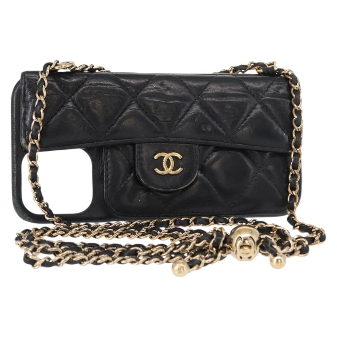 Lambskin Black Gold CHANEL Matelasse Chain Shoulder iPhone Bag for Women: Lambskin Black Gold CHANEL Matelasse Chain Shoulder iPhone Bag for Women This CHANEL Matelasse chain iPhone case is crafted from luxurious lambskin leather in black, accented with gold-tone hardware a