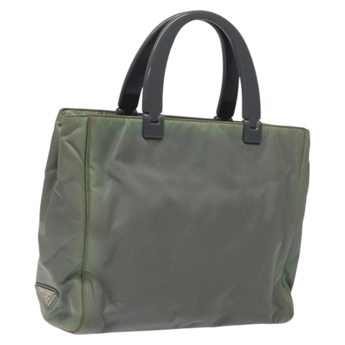 Prada nylon khaki silver women hand bag Italy 11.8 x 9.4 x 2.8 inch: Prada nylon khaki silver women hand bag Italy 11.8 x 9.4 x 2.8 inch This PRADA women's handbag is crafted from khaki nylon with silver-tone accents. Made in Italy, the bag features a practical design 