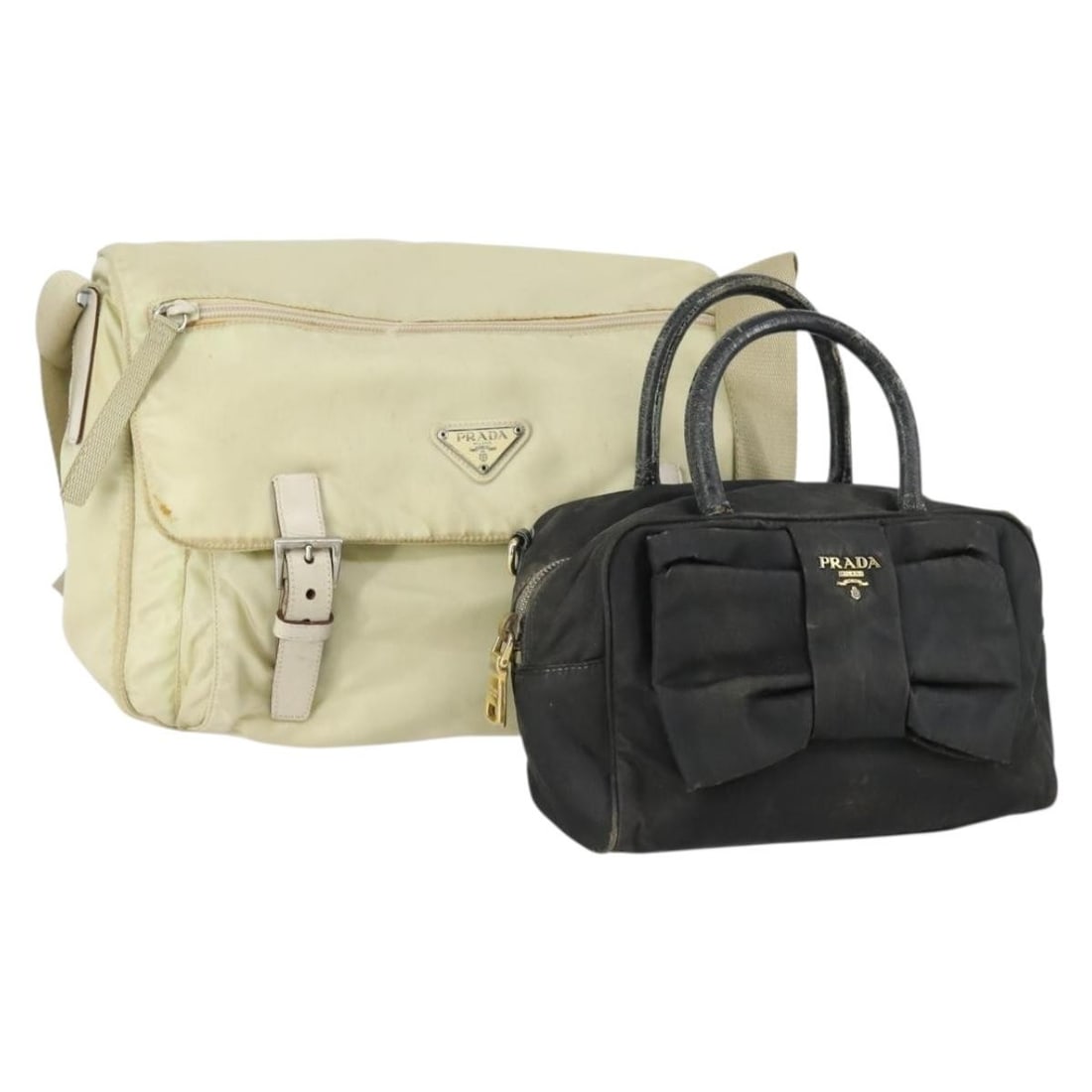 Prada Nylon Black Beige Tote Bag 2 Piece Set: Prada Nylon Black Beige Tote Bag 2 Piece Set This PRADA tote bag set features two nylon bags in black and beige, designed for women. Both bags are crafted in Italy and exhibit significant signs of use