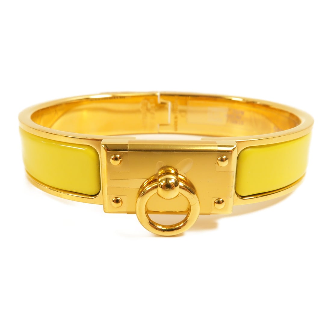 HERMES Clic Anneau Bangle Yellow Enamel Elegant Accessory: HERMES Clic Anneau Bangle Yellow Enamel Elegant Accessory This exquisite HERMES Clic Anneau Bangle showcases a vibrant yellow enamel finish that radiates sophistication and elegance. Crafted in France