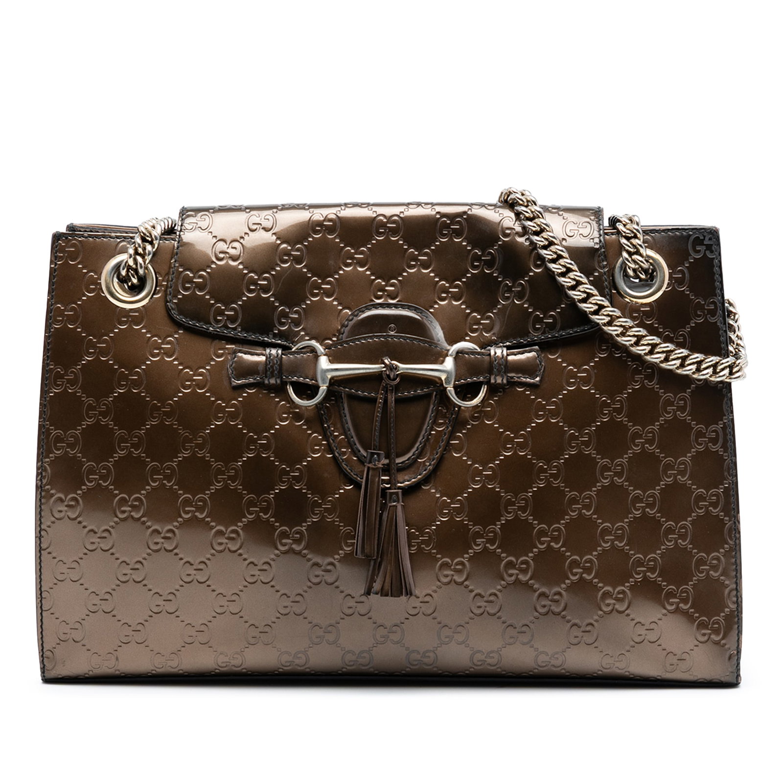 Gucci Emily Guccissima Leather Chain Strap Shoulder Bag Brown: Gucci Emily Guccissima Leather Chain Strap Shoulder Bag Brown This is a Large Guccissima Emily shoulder bag crafted from brown leather. It features chain straps with flat leather shoulder guards, a fr