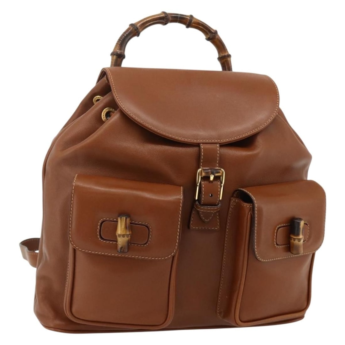Gucci Bamboo Brown Gold Leather Backpack 003 2058 0016: Gucci Bamboo Brown Gold Leather Backpack 003 2058 0016 This is a GUCCI Bamboo Backpack crafted from brown leather with gold accents. The bag features a structured design with a bamboo handle, adjustab