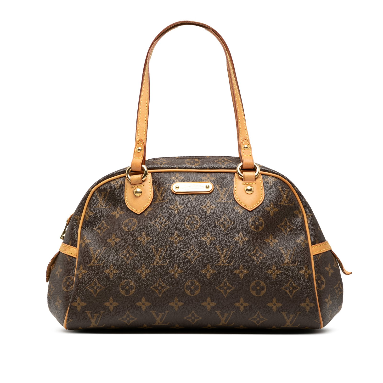 Louis Vuitton Montorgueil PM Brown Monogram Canvas Handbag with Leather Trim: Louis Vuitton Montorgueil PM Brown Monogram Canvas Handbag with Leather Trim The Louis Vuitton Montorgueil PM features the signature monogram canvas with vachetta leather trim and flat vachetta leathe