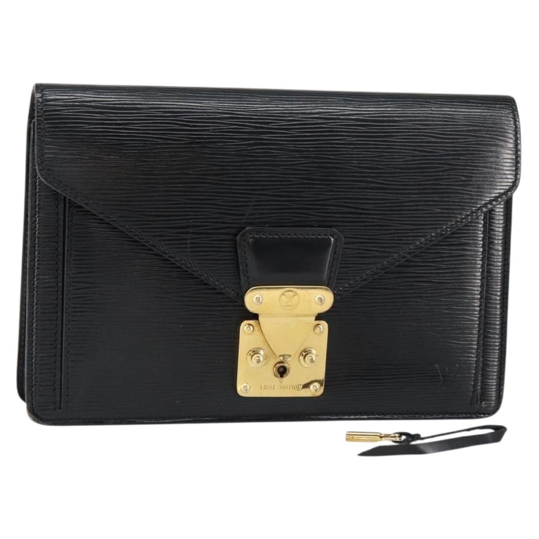 LOUIS VUITTON Epi Leather Clutch Bag Black M52612 Authentic: LOUIS VUITTON Epi Leather Clutch Bag Black M52612 Authentic This authentic Louis Vuitton Epi Series Dragonne Clutch Bag is a stylish accessory that combines functionality and elegance. Crafted from du