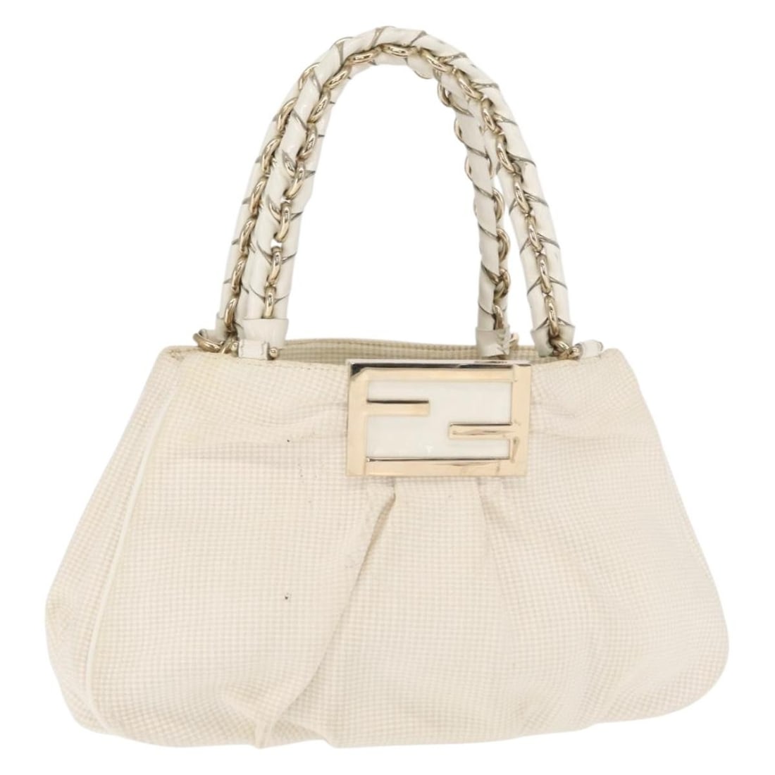 Fendi Mia White Canvas Chain Shoulder Bag Gold Accents Italy: Fendi Mia White Canvas Chain Shoulder Bag Gold Accents Italy This FENDI Mia chain hand bag features a canvas exterior in white and gold tones. Made in Italy, the bag includes a single handle with a 7.