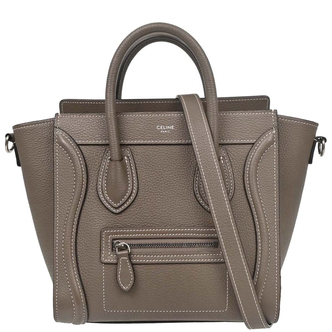 CELINE Nano Luggage Brown Leather Top Handle Mini Bag: CELINE Nano Luggage Brown Leather Top Handle Mini Bag This Celine Nano Luggage Tote Bag is crafted from brown leather and features a compact mini size with double handles and a top zipper closure. The