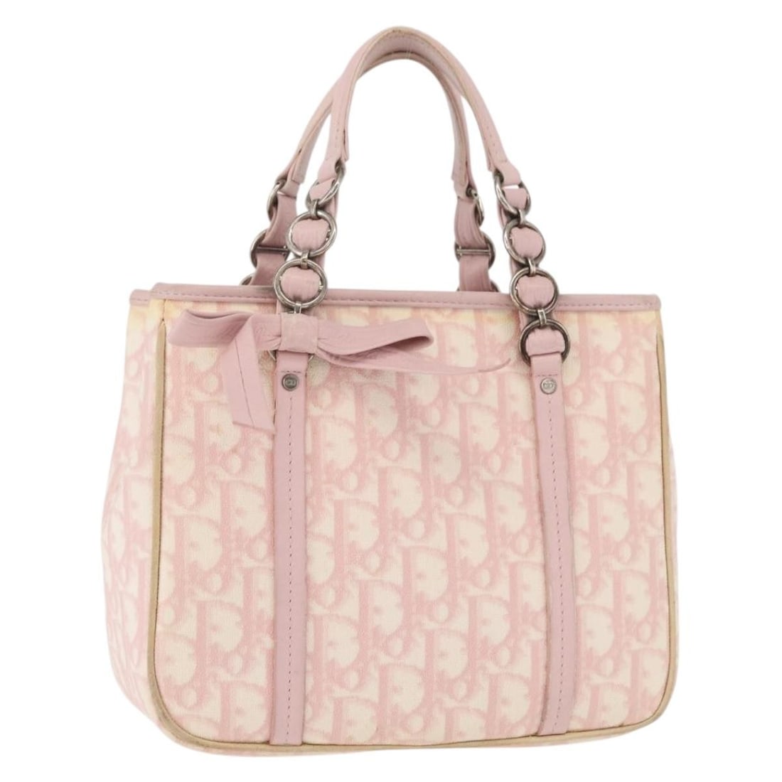 Christian Dior Trotter Canvas Pink Silver Handbag Authenticated: Christian Dior Trotter Canvas Pink Silver Handbag Authenticated This Christian Dior Trotter Canvas Romantic Hand Bag features a stylish pink and silver design crafted from PVC leather and Trotter canv