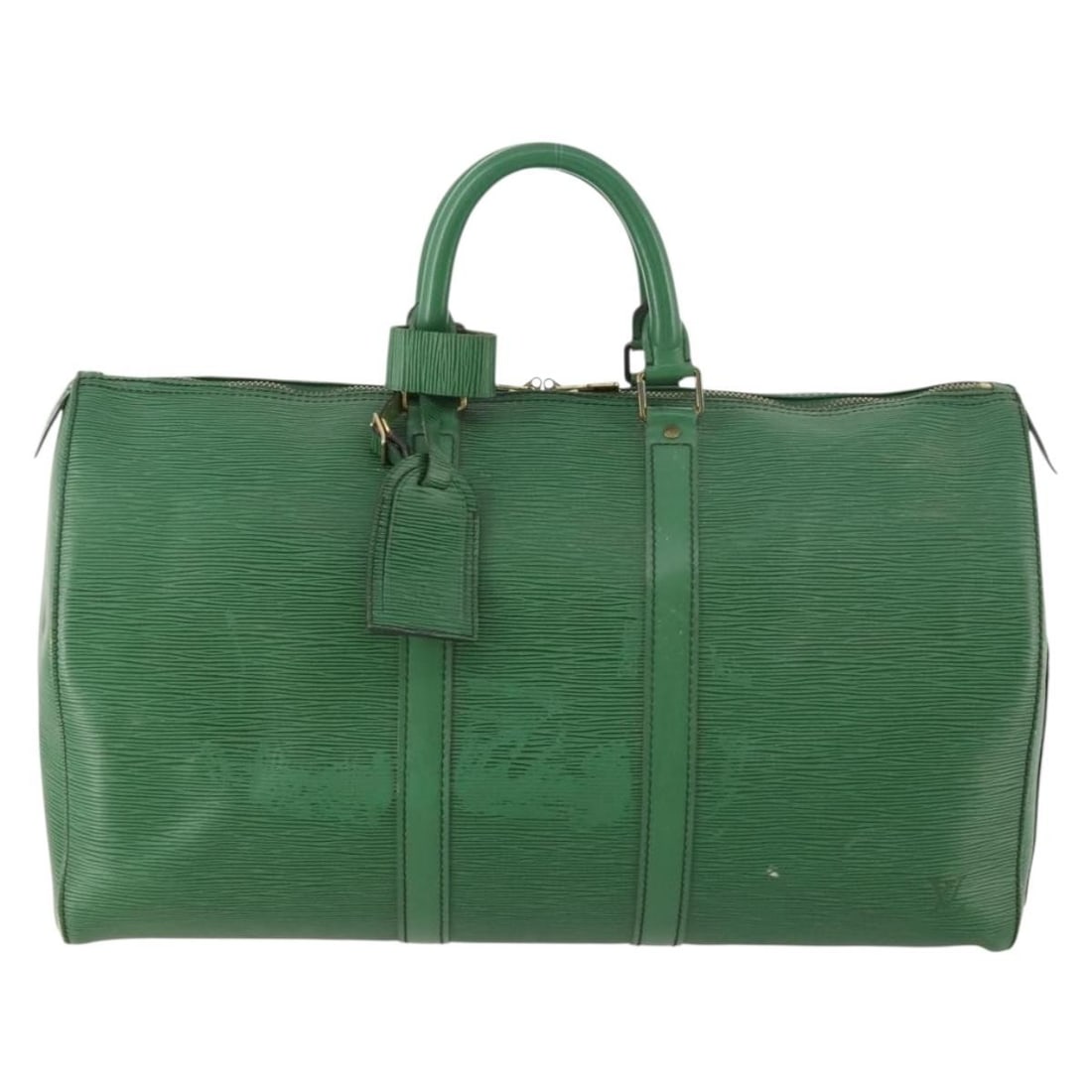 Green Epi Leather Keepall Travel Bag by Louis Vuitton France: Green Epi Leather Keepall Travel Bag by Louis Vuitton France The Louis Vuitton Keepall Bag in green Epi leather offers a stylish and practical travel option for both men and women. Crafted in France, 